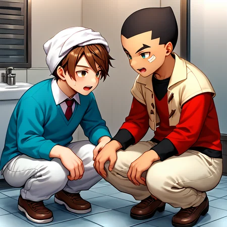 score_9,score_8_up,score_7_up,score_6_up,score_5_up,score_4_up BREAK hokuto kusanagi,ginga izumo,multiple boys,2boys,male focus,squatting,towel,indoors,necktie,towel on head,hands on own knees,looking at another,open mouth,blue shirt,cropped jacket,short over long sleeves,red t-shirt,brown pants,shirt,black shirt,pants,eye contact,white collared shirt,<lora:GearFighterV1-3:1>,