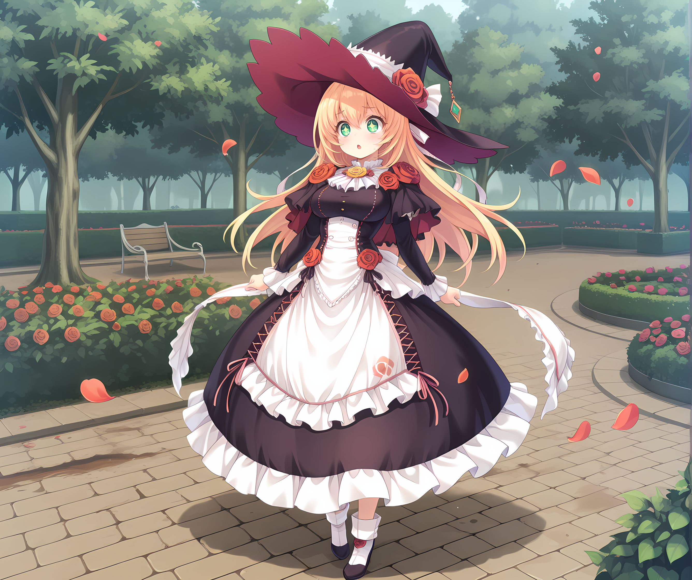 <lora:Alicia_Close_ã¢ãªã·ã¢ã¯ã­ã¼ãº_-_Escude_-_Relord:0.7>,aliclose,blonde hair,long hair,green eyes,+_+,medium breasts,outdoors,black dress,apron dress,sash,rose,hair ribbon,witch hat,full body,garden,tree,petals,dirt,pavement,, masterpiece,best quality,amazing quality, very aesthetic, absurdres,detailed eyes,ultra-detailed,