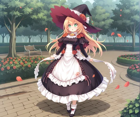 <lora:Alicia_Close_ã¢ãªã·ã¢ã¯ã­ã¼ãº_-_Escude_-_Relord:0.7>,aliclose,blonde hair,long hair,green eyes,+_+,medium breasts,outdoors,black dress,apron dress,sash,rose,hair ribbon,witch hat,full body,garden,tree,petals,dirt,pavement,, masterpiece,best quality,amazing quality, very aesthetic, absurdres,detailed eyes,ultra-detailed,