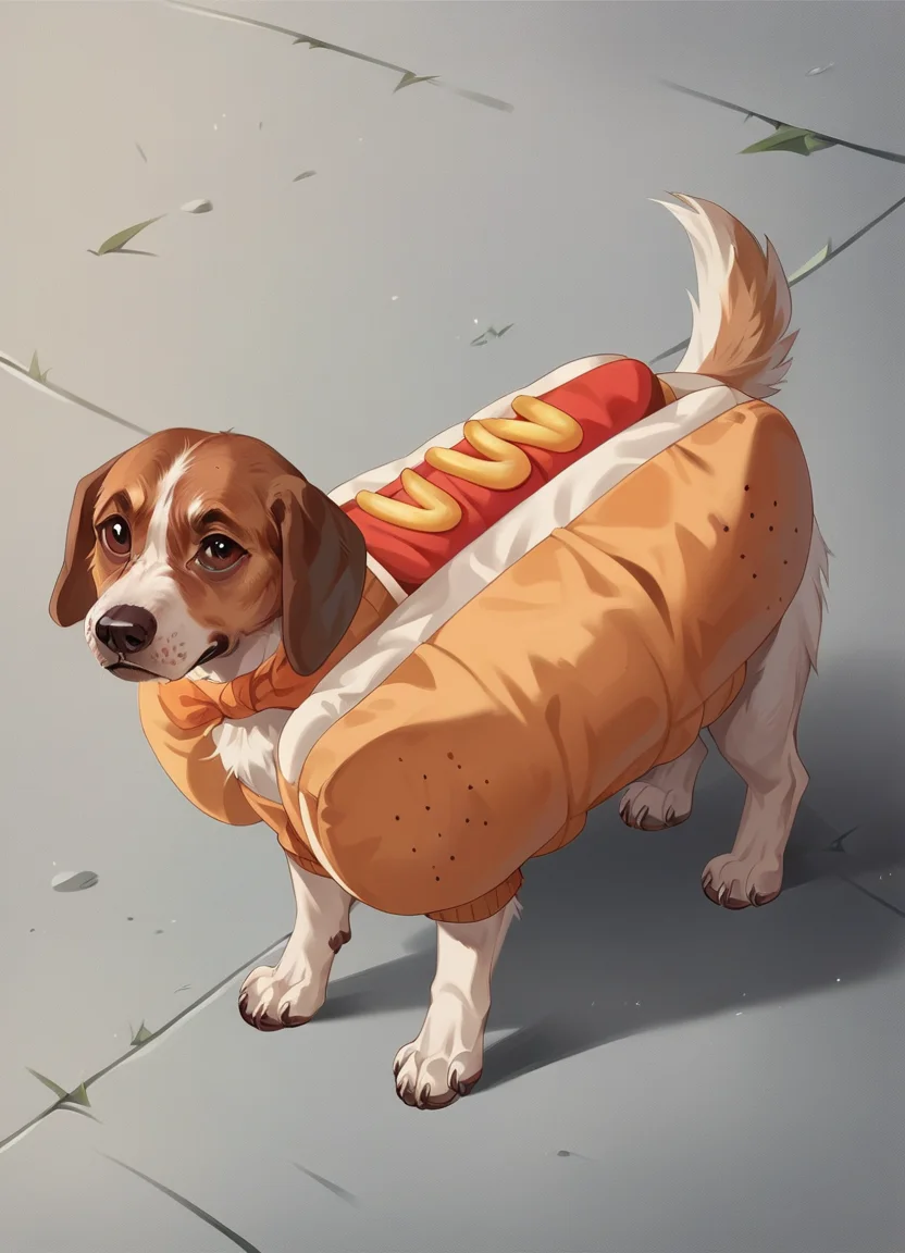 catalog shot of score_9, score_8_up, score_7_up, score_6_up, score_5_up, score_4_up, hud_d0g, no humans, animal focus, white dog, hot dog costume, mustard, <lora:doggy:0.7>, outdoors, yard unbuttoned