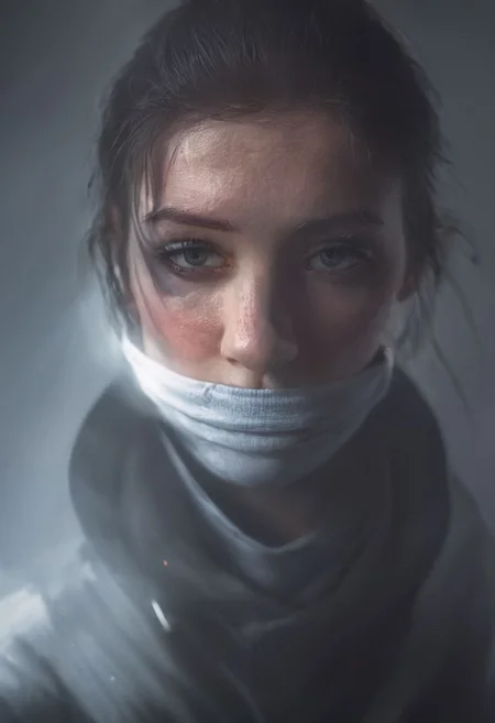 foggy morning, face, female sailor. wearing a hoodie, Techwear, Ninja Techwear, Cyberpunk, Military, bright rays of light, deep shadows