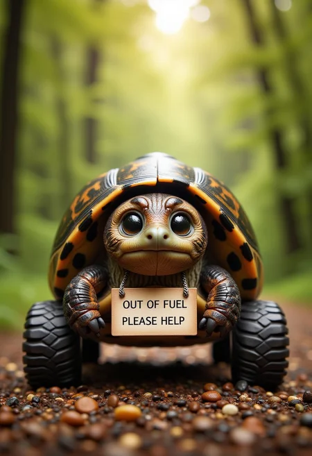 A picture of a cute tortoise, with wheels instead of legs. The tortoise stands still in a forest landscape, she is alone and looks sad. She is looking directly at the viewer. Around her neck hangs a sign that reads: "OUT OF FUEL, PLEASE HELP", small zhibi, cute, aidmatextimprover