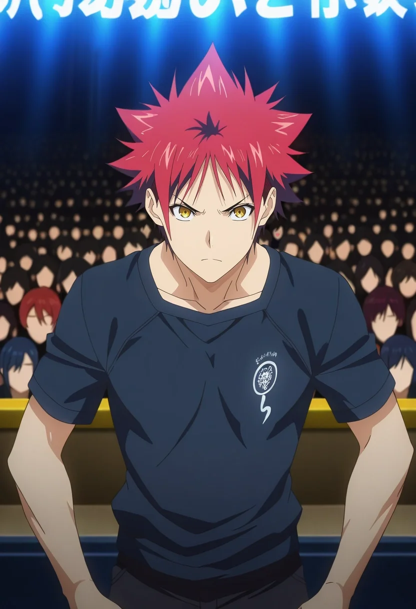 masterpiece, best quality, , anime screencap, anime coloring, official style, , 1boy, solo, male focus, <lora:souma_yukihira_ilxl:0.9>, souma_yukihira, red hair, yellow eyes, spiked hair, , urban protest, handmade signs, passionate crowd, distant sirens, rallying pose, fierce expression, gritty atmosphere,