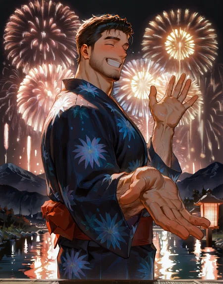 <lora:hanabitaikai:.5> hanabitaikai, aerial fireworks, colorful, yukata, laugh, smile, closed eyes, grin, happy face, closed mouth, blush,  reaching hands to the viewer, foreshortening, lake, mountain, lantern, from side, moon, dark, dark night, 
 (very short hair), male focus, muscular male, bara, mature, (hairy body, hairy, body hair, arm hair, leg hair, hairy body, glossy skin, bara, mature, facial hair, beard, full beard, sideburn, mustache, stubble), facial hair, bara, mature, body hair, aixiwuganda_(20222192), very awa, masterpiece, best quality, absurdres, newest, perfect quality, detailed background, intricate details,<lora:slider_Body Type_alpha1.0_rank4_noxattn_last:2><lora:Anime Summer Days 2 Style SDXL_LoRA_Pony Diffusion V6 XL:.6><lora:merged:.7>, DARK, DARK BACKGROUND, LOW-KEY LIGHTING <lora:slider_cfg_scale_boost:.7><lora:Artist6p:.55>, Artist6p, Artist04p,<lora:slider_il_brightness_slider_d1:-.5><lora:slider_il_contrast_slider_d1:-.25>,<lora:addon_illustriousXLv01_stabilizer_v1.121:.5>,<lora:slider_DarkSlider1.2_alpha1.0_rank16_full_300steps:-.3>