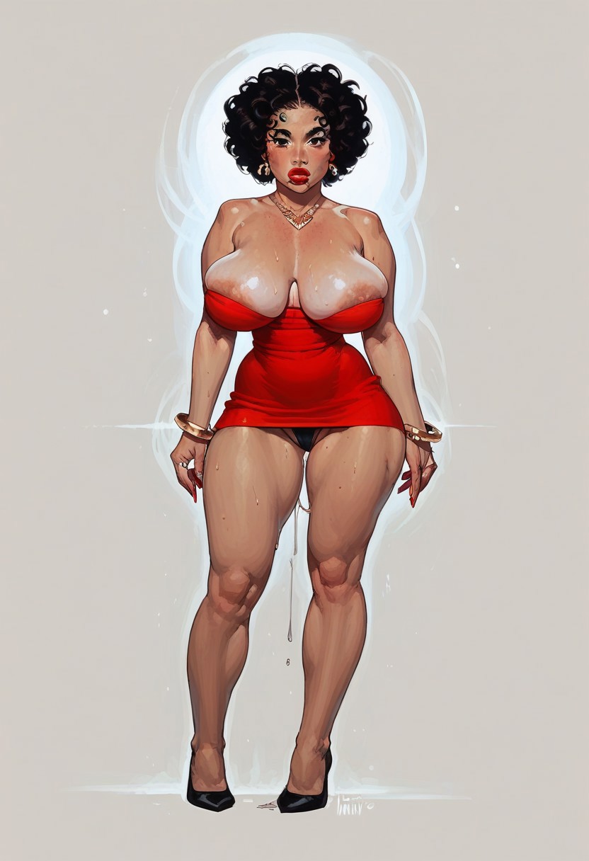 score_9, score_8_up, score_7_up, 1girl,  narrow waist, seductive expression, thick lips, athletic, toned thighs,  arched back, sweating, dripping, dark eyes, areola slip, Latina, huge afro, ginger afro, 
/, breasts apart, (huge breasts:1.5), sagging breasts,
/,  legs apart, in city, microthong, 
/, BettyB00p, Red Dress, fiishnets, high heels, curly hair, jewellery,