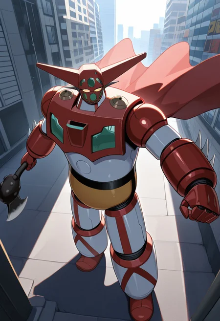 score_9, score_8_up, score_7_up, score_6_up, score_5_up, score_4_up, 4k quality, detailed, dramatic lighting, (getter robo, super robot, mecha), solo, 1boy, axe, holding axe, (no humans), best quality, masterpiece, in city, bright sunny day, ((from above)), looking at viewer