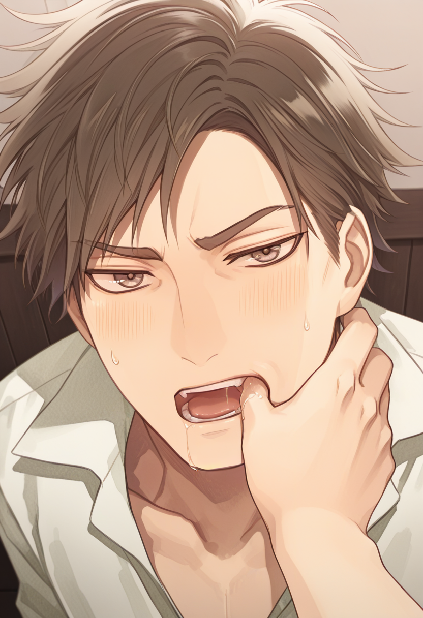 embedding:SmoothNoob_Quality, 1boy, mrk4_hjm3, brown_mhjm3_hair, brown_mhjm3_eyes, mature male, male focus, anime coloring, muscular male, white shirt, looking at viewer, raised eyebrow, blush, sweatdrop, open mouth, saliva drip,  close-up, BREAK, pov, pov hand, hand in another's mouth, from above, foreshortening,