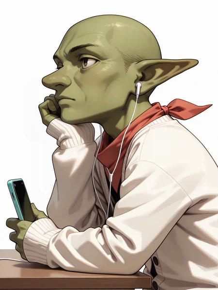masterpiece,best quality,newest,
solo,
1boy,<lora:gob_ilxl_v1.3:1>,Gob,green skin,bald,
milky white cardigan,neckerchief,earphones,holding digital media player,<lora:Fixhands_anime_bdsqlsz_V1:1>,profile,cheek rest,white_background,simple_background,sleeves past wrists,expressionless,looking ahead,