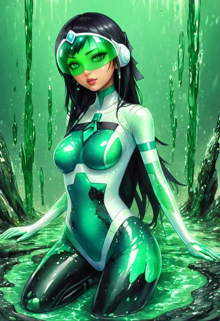 green skin, painting (medium), green theme, gradient, lips, water, ObsidianEmerald, Houoin Miabi,Star emerald,black hair,long hair,hair bow,visor,green bodysuit,pilot suit,skin tight,white knee-boots,ObsidianOpal, transparent slime, green slime