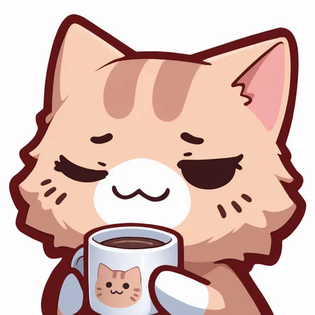 masterpiece, best quality, <break> animal focus, solo, n3koemoji, cat, :3, holding coffee mug, tired, one eye closed, simple background, white background