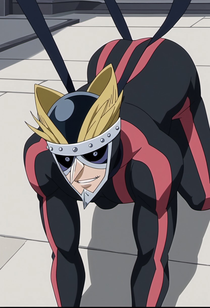 score_9, score_8_up, score_7_up, source_anime, rating_safe, SawyerFT, blonde Sawyery hair, black Sawyery eye mask, grey Sawyery jaw armor, 1boy, male focus, anime screencap, black-red Sawyer bodysuit, black Sawyery collar ribbon, on all fours,