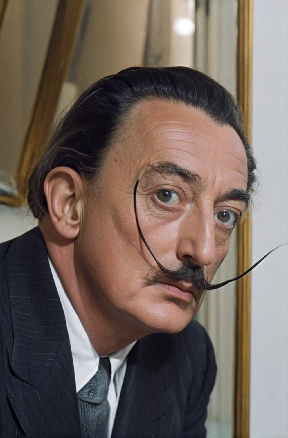 photograph,Salvador Dali, mustache, in suit, In front of a mirror, Canon RF, F/2.8