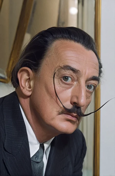 photograph,Salvador Dali, mustache, in suit, In front of a mirror, Canon RF, F/2.8