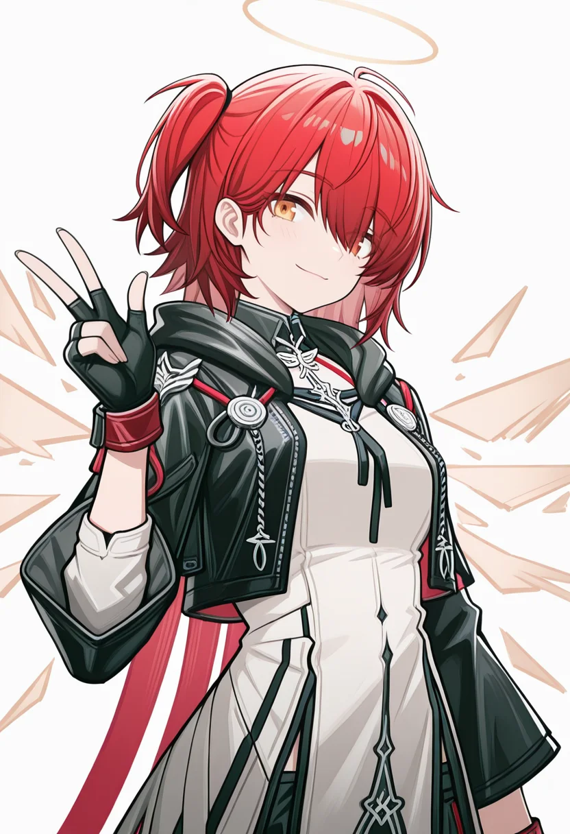 Exusiai the New Covenant,open jacket,one side up,right side ponytail,1girl, solo, looking at viewer, smile, simple background, long sleeves, white background,closed mouth, hand up, hood,, v, one side up, hood down, w,exusiai \(arknights\), 1girl, solo, looking at viewer, smile, short hair, simple background, long sleeves, white background, gloves, dress, closed mouth, jacket, white shirt, yellow eyes, red hair, wings, black gloves, hand up, hood, fingerless gloves, white dress, halo, black jacket, v, one side up, hood down, w, detached wings, energy wings,masterpiece,best quality,newest,absurdres,highres,very awa, <lora:None:1.0> <lora:Exusiai_the_New_Covenant_r1:0.9500000000000002> <lora:Siu_Style_ilv01:0.9500000000000002>