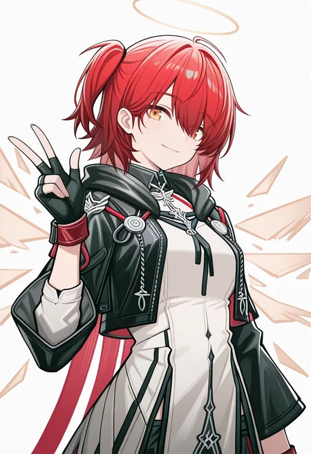 Exusiai the New Covenant,open jacket,one side up,right side ponytail,1girl, solo, looking at viewer, smile, simple background, long sleeves, white background,closed mouth, hand up, hood,, v, one side up, hood down, w,exusiai \(arknights\), 1girl, solo, looking at viewer, smile, short hair, simple background, long sleeves, white background, gloves, dress, closed mouth, jacket, white shirt, yellow eyes, red hair, wings, black gloves, hand up, hood, fingerless gloves, white dress, halo, black jacket, v, one side up, hood down, w, detached wings, energy wings,masterpiece,best quality,newest,absurdres,highres,very awa, <lora:None:1.0> <lora:Exusiai_the_New_Covenant_r1:0.9500000000000002> <lora:Siu_Style_ilv01:0.9500000000000002>