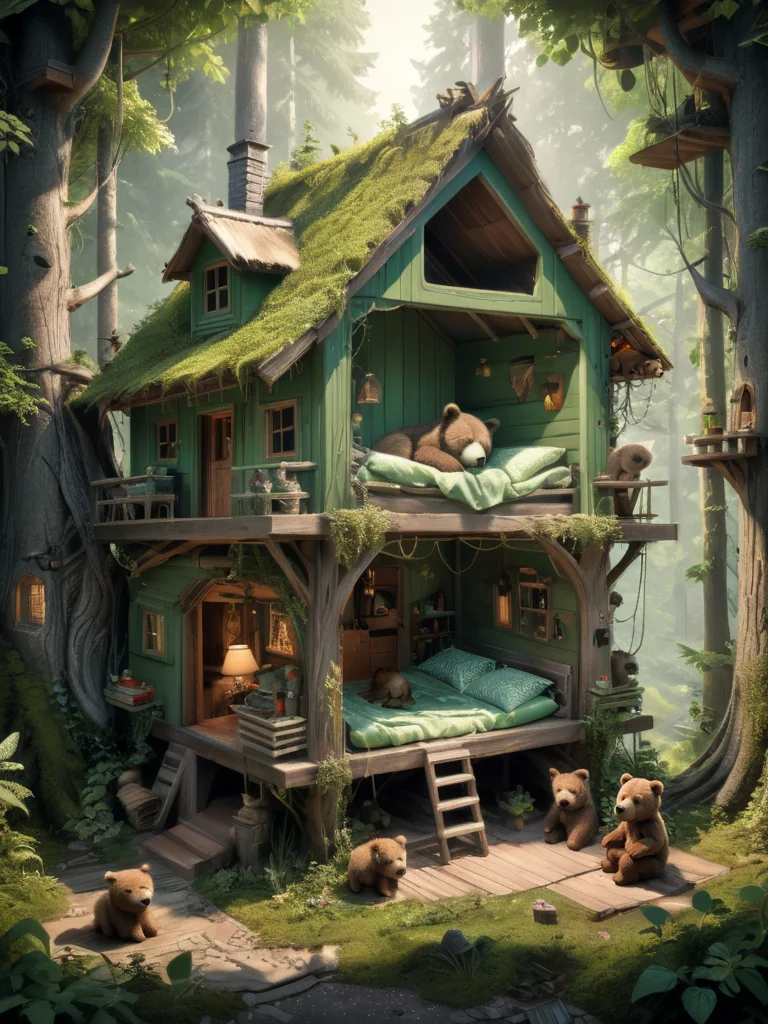 Masterpiece, a green hut in the forest, the brown bear cubs have fallen asleep there, and the youngest fidget bothers the gray-haired mother bear. perfect composition, beautiful detailed intricate, insanely detailed octane render trending on artstation, 8 k artistic photography, photorealistic concept art, soft natural volumetric cinematic perfect light, chiaroscuro, award - winning photograph, masterpiece, oil on canvas,
<lora:xl_more_art-full_v1:0.85> <lora:Isometric Cutaway:1> isometric cutaway,