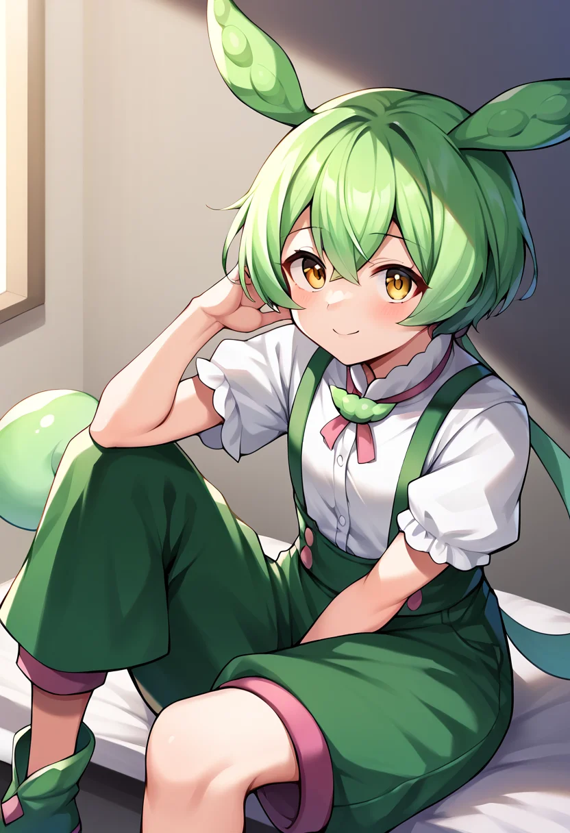 score_9, score_8_up, score_7_up, score_6_up, score_5_up, score_4_up, source_anime, rating:general,
BREAK,
1girl, solo, sitting, indoors, simple background, looking at viewer,
white shirt, green shorts, suspenders,
<lora:zundamon_ponyXL_v3:1> zundamon, green hair, long hair, yellow eyes, low ponytail,