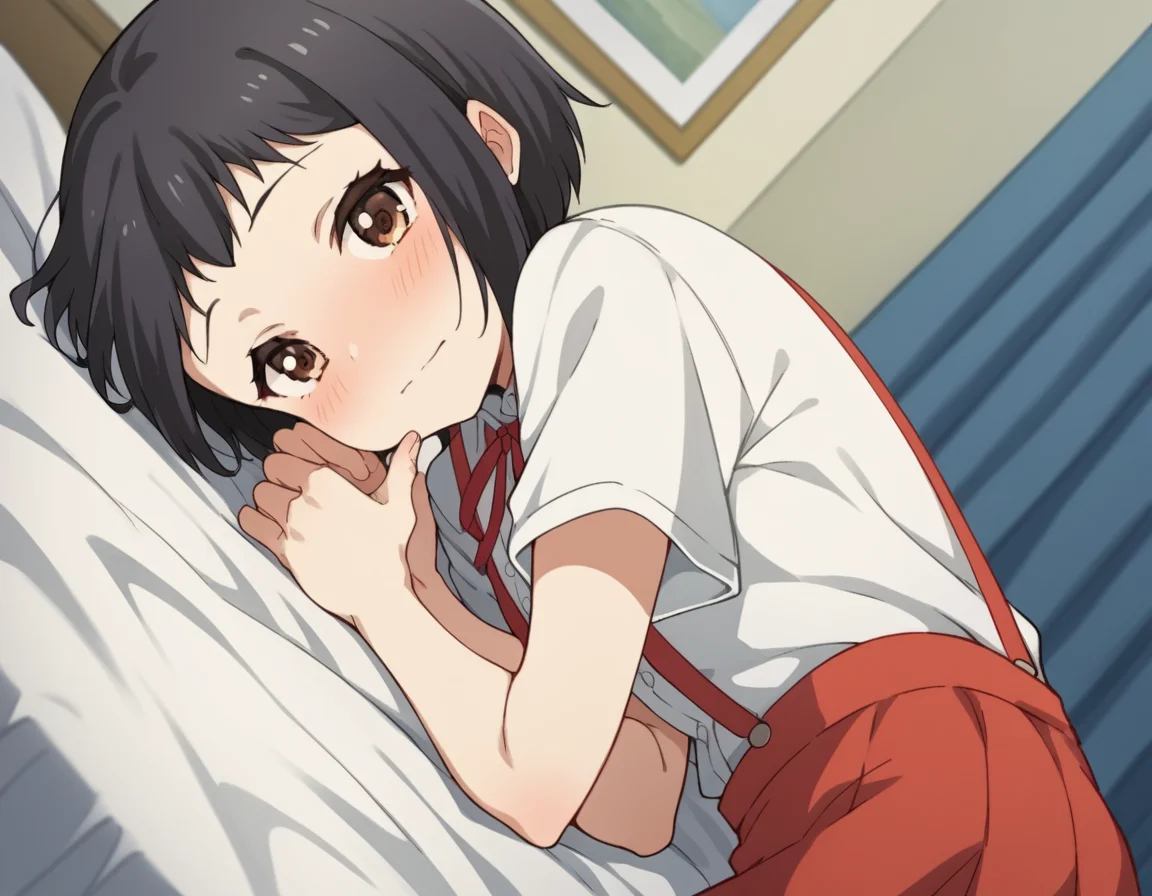 score_9, score_8_up, score_7_up, source_anime, <lora:hanako-hasegawa-ova-ponyxl-lora-nochekaiser:1>, hanako hasegawa, short hair, black hair, brown eyes,, skirt, shirt, ribbon, school uniform, white shirt, red ribbon, suspenders,, indoors, bed, bed room, on side, blush, drunk, looking at viewer, solo,, cowboy shot, dutch angle