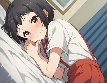 score_9, score_8_up, score_7_up, source_anime, <lora:hanako-hasegawa-ova-ponyxl-lora-nochekaiser:1>, hanako hasegawa, short hair, black hair, brown eyes,, skirt, shirt, ribbon, school uniform, white shirt, red ribbon, suspenders,, indoors, bed, bed room, on side, blush, drunk, looking at viewer, solo,, cowboy shot, dutch angle
