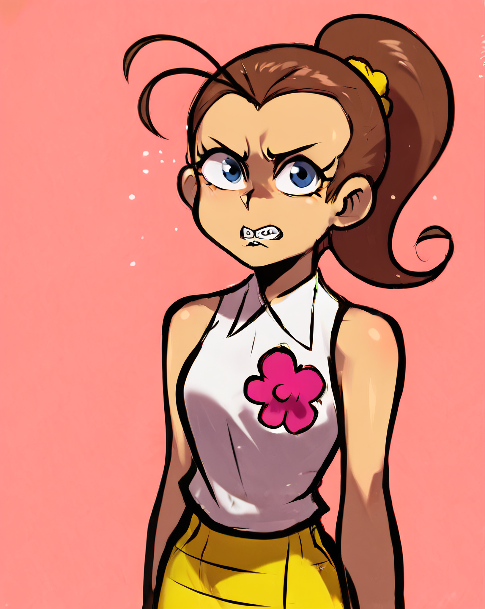 score_9, score_8_up, score_7_up, score_6_up, score_5_up, score_4_up, safe, source cartoon, solo, LuanLoudJcm2, 1girl, light skin, light skinned female, brown hair, curly ponytail, yellow scrunchie, white shirt, sleeveless collared shirt, pink flower on shirt, yellow skirt, plaid skirt, bucktooth with braces, blue eyes, black eyebrows, cute, serious, angry, looking at you, , <lora:Luan_Loud_The_Loud_House_-_Jcm2_Last_Holiday_style:1>, ZPDXL2, <lora:more_details:3> <lora:xl_more_art-full_v1:1> <lora:ugly_style:-1>