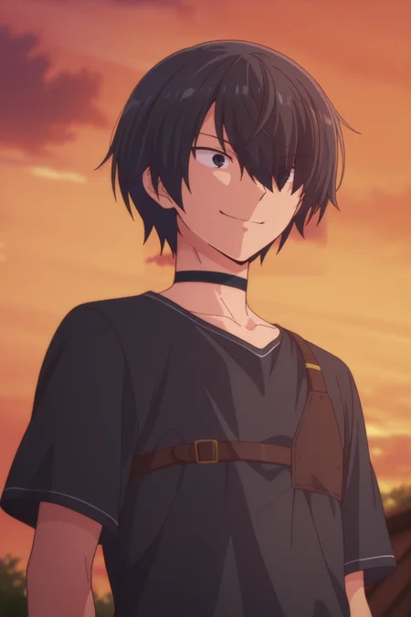 masterpiece, best quality, amazing quality,high resolution,intricate details,official style,depth of field,anime screencap,anime coloring , , , 1boy, solo, male focus,<lora:Setsu_Suzaki:1>,setsu suzaki,black hair,black eyes,short hair,open mouth,hair over one eye,shirt, closed mouth, collarbone, upper body, short sleeves,outdoors, sky, choker,smile, cloud,black shirt, black choker,accessory, thigh strap,cloudy sky,sunset, orange sky,from below
