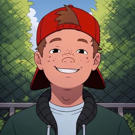 score_9, score_8_up, score_7_up, pinup boy pose, Expressiveh, a sexy 18 year old,  face focus, looking at viewer, perfect face, colorful, dramatic angle, unique perspective, unique angle, wide angle, school yard, school building in background, smile, smile, hat, backwards hat, shirt, jacket, brown hair, freckles, 1boy, solo