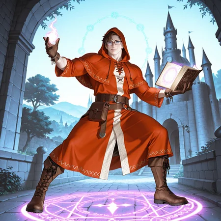 1boy, male, solo, full body, perfect anatomy, easynegative, clear eyes, BREAK 

[1boy, (Human), twink, pale skin, short hair, fluffy hair, brown hair, blue eyes, (glasses), burgandy hooded robe, hood up, brown boots, gloves, holding spellbook], BREAK

Castle, clear sky, smile, combat pose, look at viewer, magic circle, glow, summon elemental, BREAK

masterpiece, perfect quality, best quality, perfect anatomy, absolutely eye-catching, homoerotic, BREAK

((4k,8k,Ultra HD)),((Masterpiece :1.2)),((Best quality :1.2)),((Detailed :1.5)),((Detailed background :1.5))