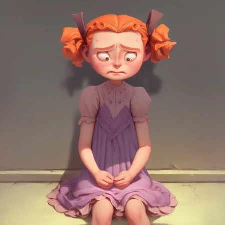 score_9, winnieportley, orange hair, twintails, dress, sitting, nervous