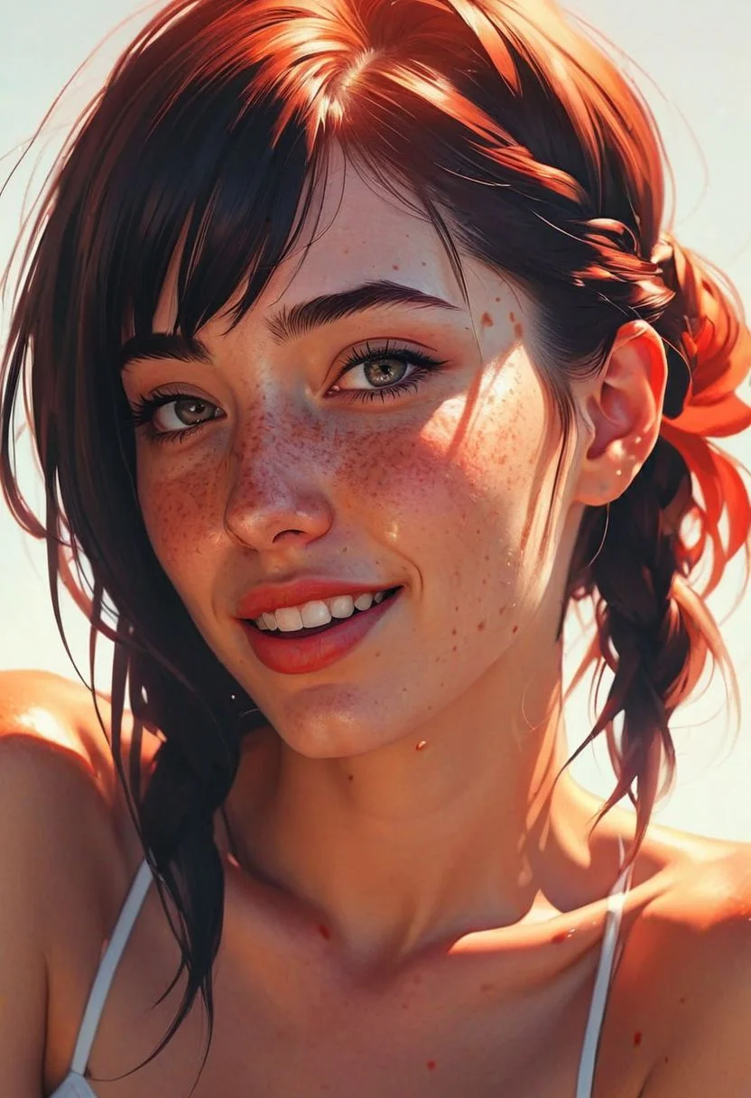 style by Ilya Kuvshinov best quality image of a hell-atmosphere, phenomenal playful shadows,amazing realistic light from above,majestic-braided hair,mesmerise-naughty,light-freckles-sunburned-face,party-makeup,tattoo,breathtaking crispy-detailed, thick-lips, realistic-eye,unscrupulous-smile aesthetic joyful souleater1phantom in a casting seat