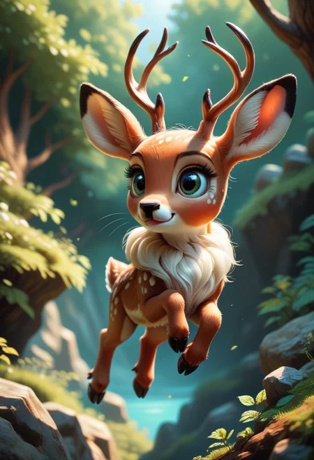 score_9, score_8_up, score_7_up,realistic, small rabbit_deer_hybrid, cute, rocky and lush Forrest, vivid colors, deer flying over the world, never stopping,