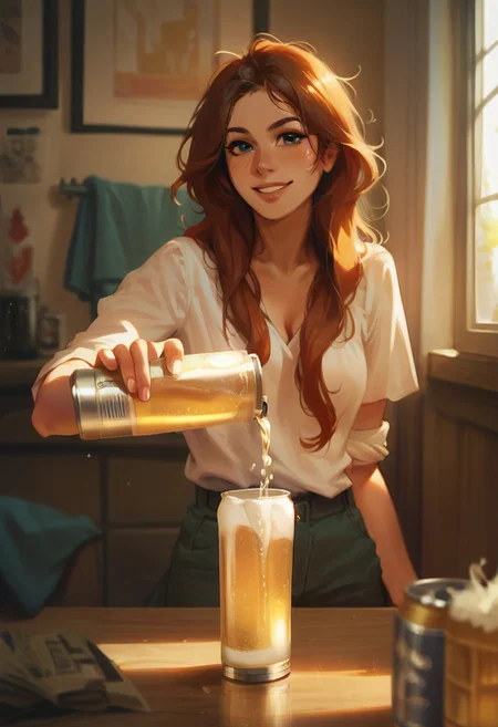 score_9, score_8_up, score_7_up, score_6_up, score_5_up, colourful, 8k, 1girl, solo, p0uring dr1nks, room, clothed female, drinking glass, beer can, beer, pouring, holding, looking at viewer,