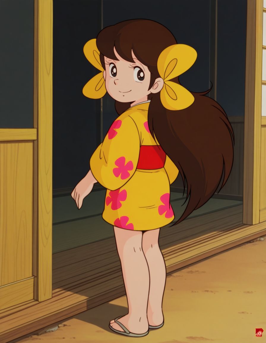 masterpiece, best quality, solo, smile, happy, full body, facing away, looking back, 
<lora:Sakura:1>, saku4a, 1girl, long hair, brown hair, black eyes, yellow kimono, multiple hair bows, 1980s \(style\),