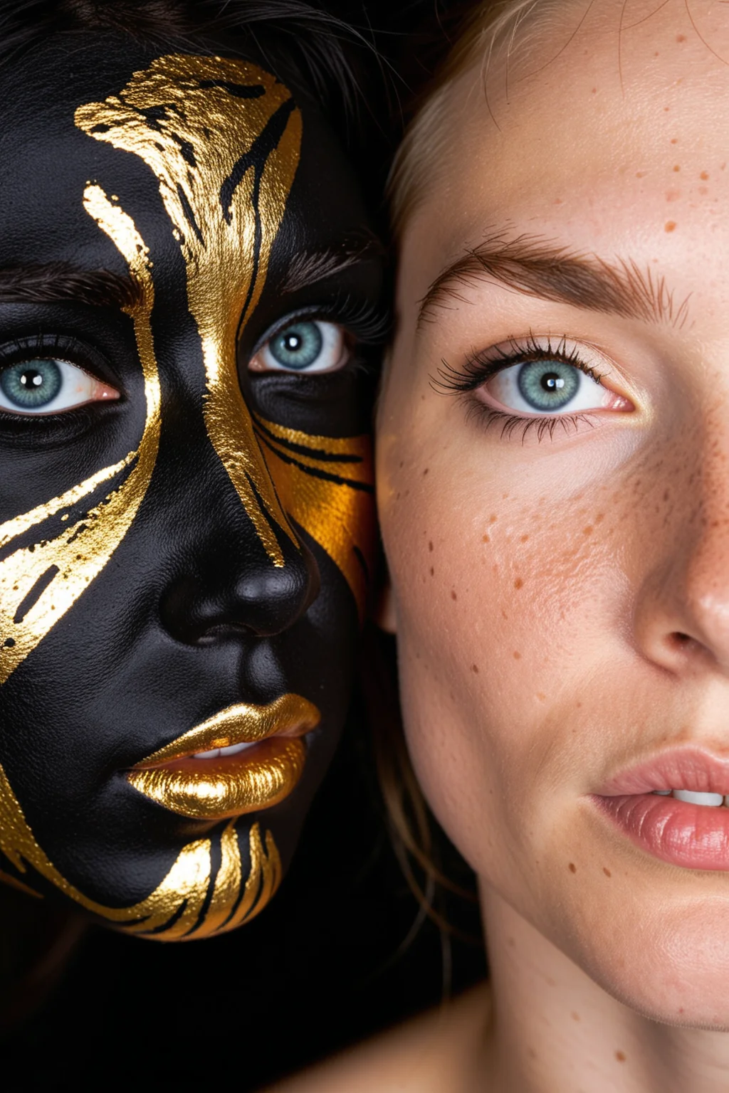 portrait, black background, gold, body paint, simple background, male focus, 1boy, original, black hair, looking at viewer, lips, blue eyes, 1girl, close-up, freckles, nose, <lora:dmd2_sdxl_4step_lora_fp16:1.0>, <lora:subtle-fluxstyle-xl2:0.5>