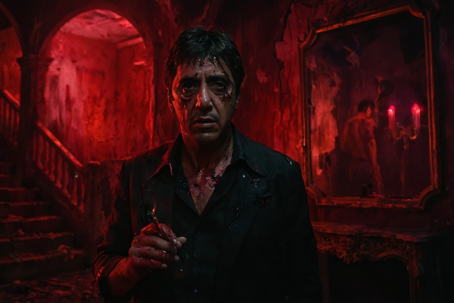 cinematic horror-action still, tony montana, weathered and scarred, standing alone in a decayed, neon-lit replica of his Miami mansion, walls pulsing like flesh, broken mirrors reflecting infinite versions of his death, holding a smoldering cigar, medium shot, eye-level angle, background flickering with infernal light and decaying opulence, mood of confusion and rage, dramatic chiaroscuro lighting with blood-red overtones, saturated crimson and bruised purple palette, style inspired by psychological surrealism, operatic violence, and high-contrast expressionist cinematography




































