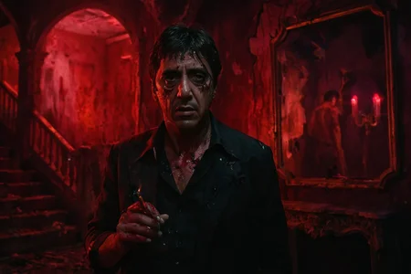 cinematic horror-action still, tony montana, weathered and scarred, standing alone in a decayed, neon-lit replica of his Miami mansion, walls pulsing like flesh, broken mirrors reflecting infinite versions of his death, holding a smoldering cigar, medium shot, eye-level angle, background flickering with infernal light and decaying opulence, mood of confusion and rage, dramatic chiaroscuro lighting with blood-red overtones, saturated crimson and bruised purple palette, style inspired by psychological surrealism, operatic violence, and high-contrast expressionist cinematography





































