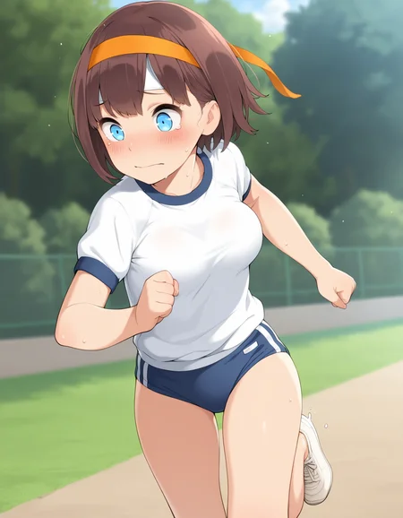 masterpiece,best quality,amazing quality,
1girl, solo, gym uniform, buruma, headband, brown hair, short hair, blue eyes, blush, running, blue buruma, medium breasts, breasts,
<lora:Irotenya:1>
