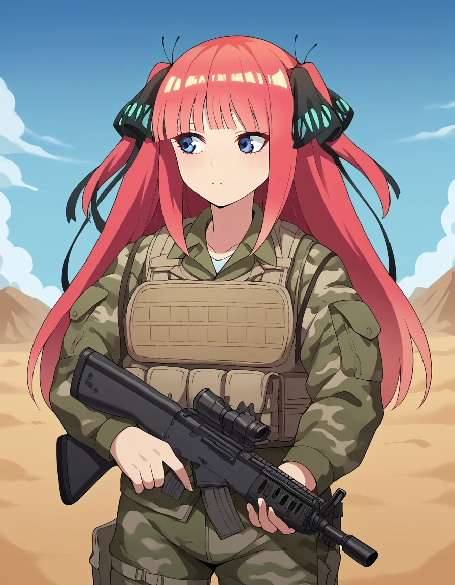 score_9, score_8_up, score_7_up, source_anime, <lora:nnakano-s2-ponyxl-lora-nochekaiser:1>, long hair, bangs, blue eyes, hair ornament, hair ribbon, pink hair, blunt bangs, two side up, butterfly hair ornament, large breasts,, <lora:military-combat-uniform-ponyxl-lora-nochekaiser:1> military combat uniform, camouflage jacket, camouflage, load bearing best, camouflage pants, soldier, bulletproof vest, combat helmet, assault rifle, rifle,, desert, sun, blue sky,, cowboy shot,