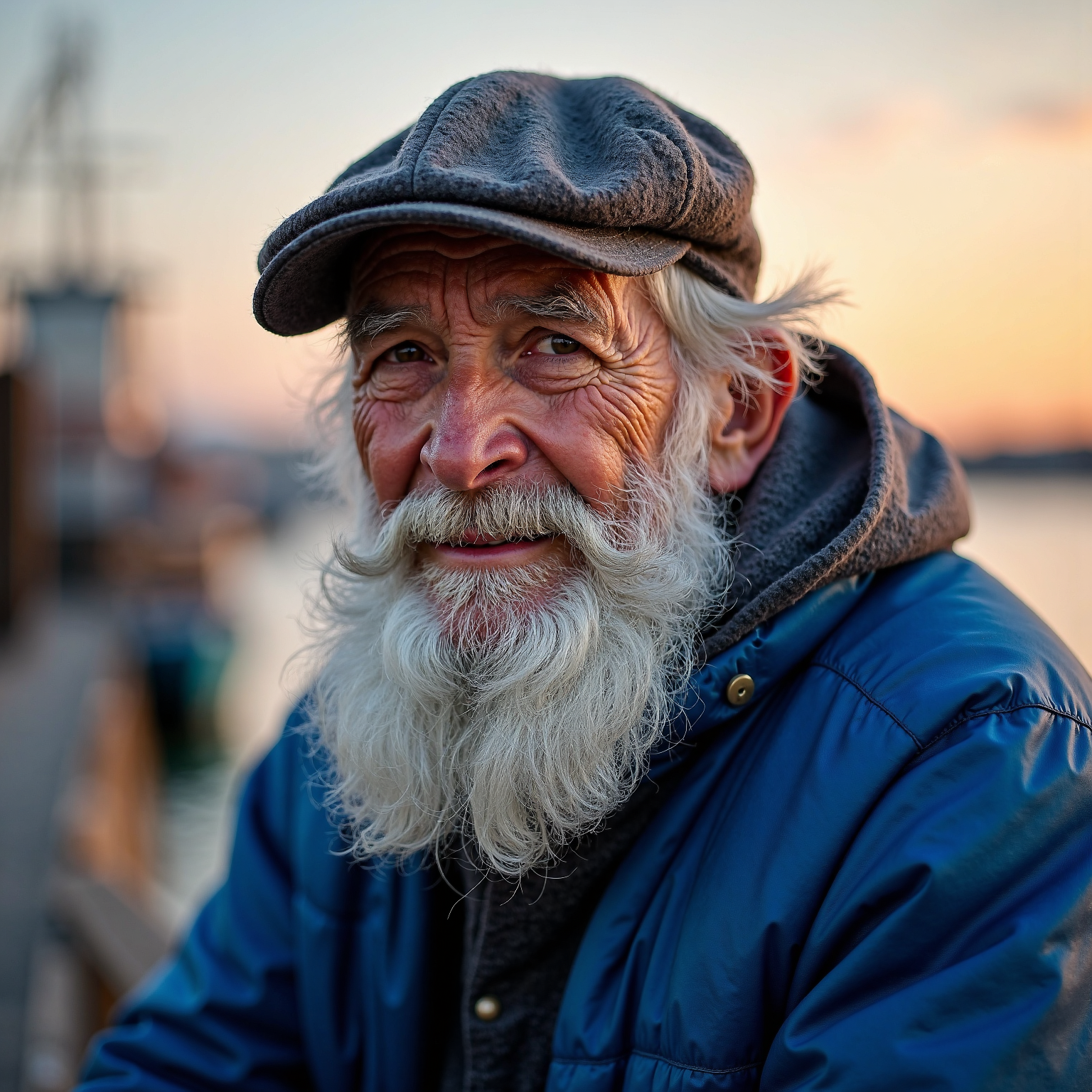 Professional portrait photography of an old fisherman, sitting on the dock of a harbour at sunset.  He has a long white beard, wrinkles on his face, thick eyebrows and sad eyes.  He is wearing a wool cap and a blue marina caban.
