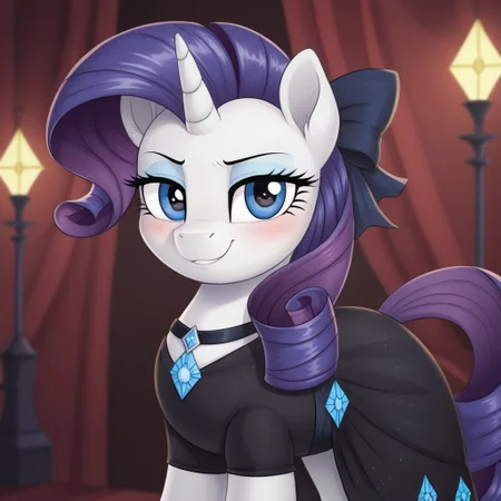 score_9, score_8_up, score_7_up, score_6_up, score_5_up, score_4_up, g4, solo, pony, feral pony, rarity, black dress, magnificent dress, luxurious dress, ribbons, bows, jewelry, diamonds, collar, castlevania, smile, look at you, blushing, cute, glare, high res,