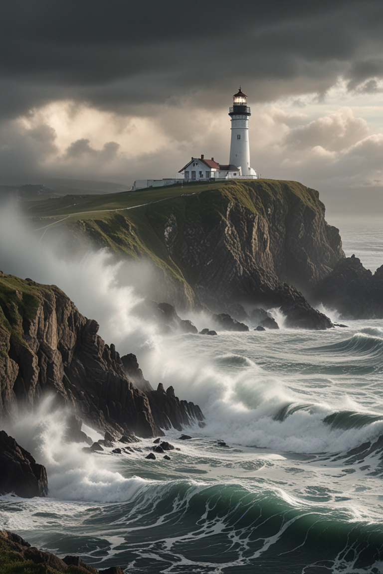 hyperrealistic art  A solitary lighthouse stands tall against the backdrop of an enigmatic, fog-shrouded coastline, its beam cutting through the mist with a bewildering intensity, The ocean around it churns with mystery, waves crashing against the cliffs in a rhythm that echoes the heartbeat of the unknown, . extremely high-resolution details, photographic, realism pushed to extreme, fine texture, incredibly lifelike