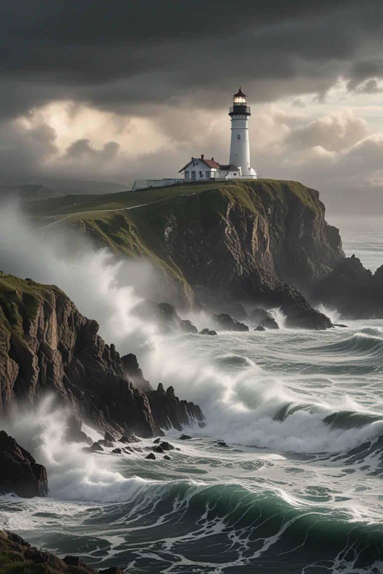 hyperrealistic art  A solitary lighthouse stands tall against the backdrop of an enigmatic, fog-shrouded coastline, its beam cutting through the mist with a bewildering intensity, The ocean around it churns with mystery, waves crashing against the cliffs in a rhythm that echoes the heartbeat of the unknown, . extremely high-resolution details, photographic, realism pushed to extreme, fine texture, incredibly lifelike