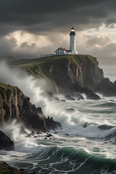 hyperrealistic art  A solitary lighthouse stands tall against the backdrop of an enigmatic, fog-shrouded coastline, its beam cutting through the mist with a bewildering intensity, The ocean around it churns with mystery, waves crashing against the cliffs in a rhythm that echoes the heartbeat of the unknown, . extremely high-resolution details, photographic, realism pushed to extreme, fine texture, incredibly lifelike