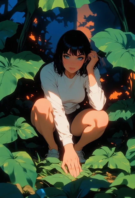 This is a digital artwork featuring a cute Asian adult woman with delicate features and short, dark hair, crouching among large, vibrant green leaves. The woman is dressed in a white long-sleeve shirt and dark shorts, which contrast with her smooth, fair skin. She is positioned in a low, crouching posture, with one hand gripping a large leaf for support. The leaves are smooth and have a glossy texture, with deep green hues and visible veins, suggesting they are real or stylized plant leaves.
The background is a gradient transitioning from a deep blue at the top to a warm orange at the bottom, creating a dramatic and dynamic effect. This gradient suggests either a sunrise or sunset, adding a sense of time and movement to the scene. The lighting in the image is soft, casting subtle shadows that enhance the texture of the leaves and the woman's body.
The overall style of the artwork is highly stylized, with smooth, almost liquid-like lines and a focus on color gradients and shadows to create depth and realism. The composition is balanced, with the woman's figure centered and the leaves framing her, making the image visually engaging and captivating.