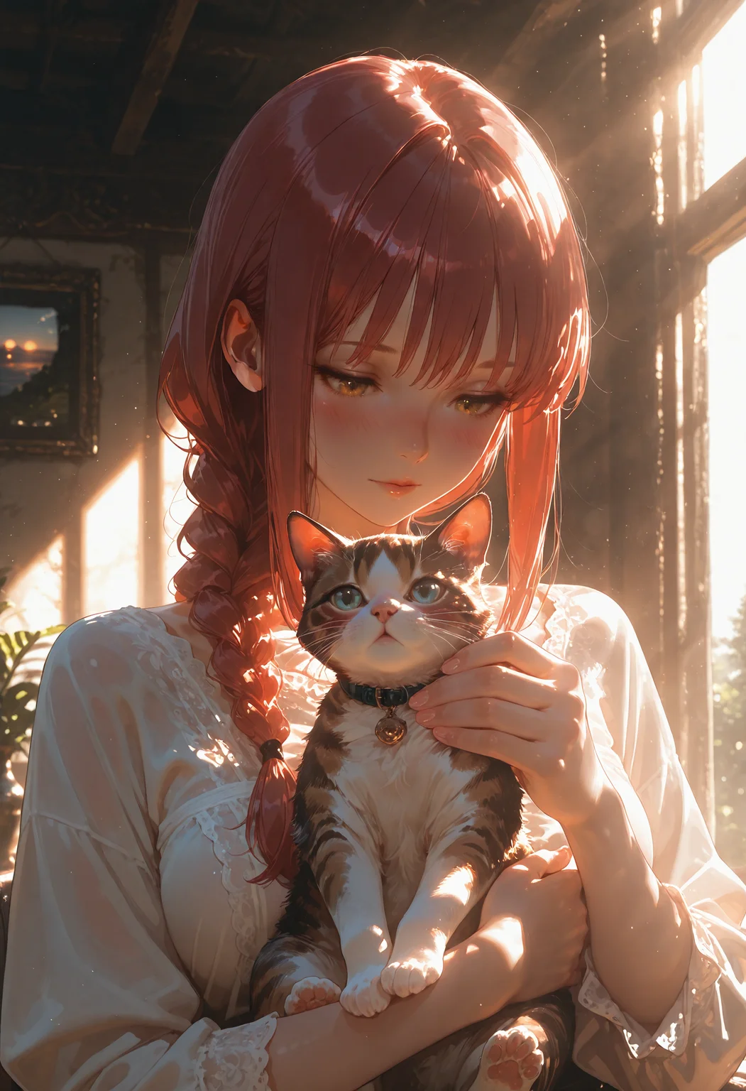 3d,cinematic,(best quality),(ultra-detailed),very aesthetic,illustration,perfect composition,intricate details,absurdres,detailed face,(anime, masterpiece, intricate:1.3),realistic,high quality,high res,depth of field,4K,8K,well drawn,perfect hand,Detailed hand,Makima,(holding cat:1.1),head tilted,blush,deadly cutiness,sunpuddle,sunrise,<lora:Dramatic Lighting Slider:5>,<lora:ppw_v7_Illuv1.0_1_r2:0.3>,<lora:AIã¤ã©ã¹ããããã:0.5>,<lora:Smooth_Booster_v2:0.34>,
