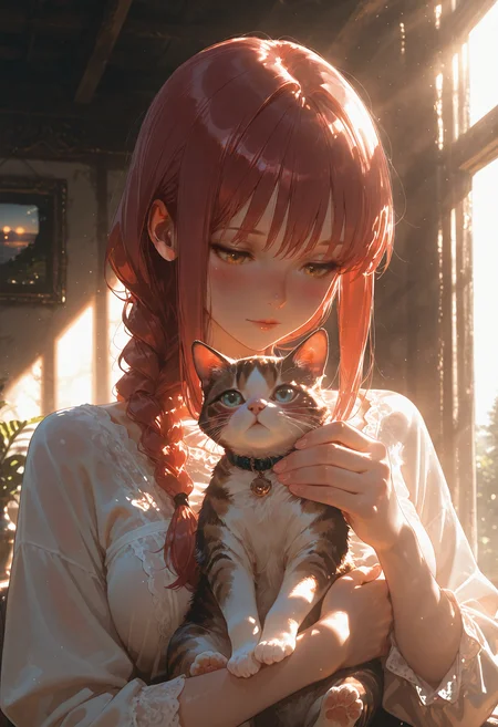 3d,cinematic,(best quality),(ultra-detailed),very aesthetic,illustration,perfect composition,intricate details,absurdres,detailed face,(anime, masterpiece, intricate:1.3),realistic,high quality,high res,depth of field,4K,8K,well drawn,perfect hand,Detailed hand,Makima,(holding cat:1.1),head tilted,blush,deadly cutiness,sunpuddle,sunrise,<lora:Dramatic Lighting Slider:5>,<lora:ppw_v7_Illuv1.0_1_r2:0.3>,<lora:AIã¤ã©ã¹ããããã:0.5>,<lora:Smooth_Booster_v2:0.34>,