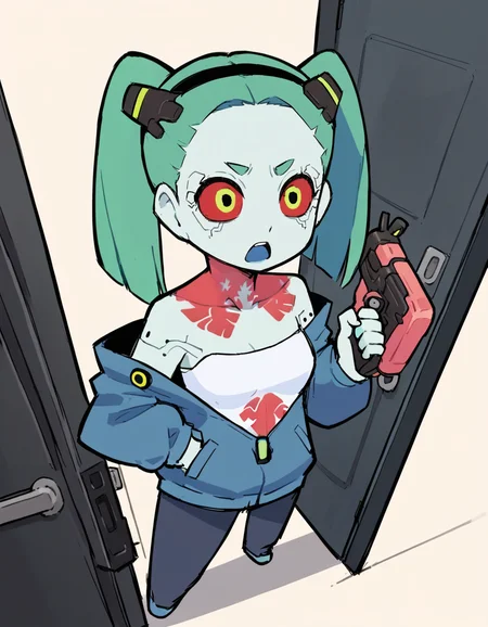score_9, score_8_up, score_7_up, score_6_up, score_5_up, score_4_up, source_anime, BREAK <lora:Eiken3kyuboy_Artist_Style_ponyXL-000018:1> solo, 1girl, surprised,expressionless,open_mouth, :o, rebecca_(cyberpunk),(colored_skin:1.2), pale_skin, blue_skin, tattoo, colored_sclera, artificial eye, single_bare_shoulder, white_shirt, long_shirt,small_breasts, opening_door, holding_gun, from_above