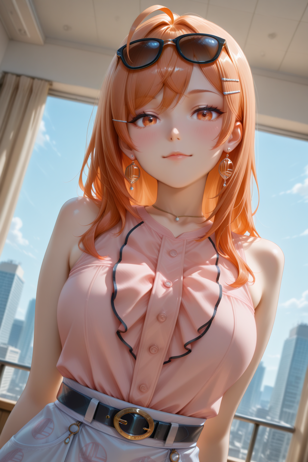 masterpiece, best quality, amazing quality, 1girl, solo, makeup, general, looking at viewer, blush, cowboy shot, seductive pose, dynamic angle, light smile, ceo room, wide windows, cityscape, day, <lora:Hololive_Ririkarika:1>, Hololive_Ririkarika, long hair, hairclip, orange hair, multicolored hair, orange eyes, large breasts, ahoge, pink shirt, sleeveless, center frills, blue skirt, jewelry, earring, necklace, belt, orange nails, sunglasses on head, <lora:wai-2Rectified-V140:1>, <lora:Illustrious_-_Refiner:1>