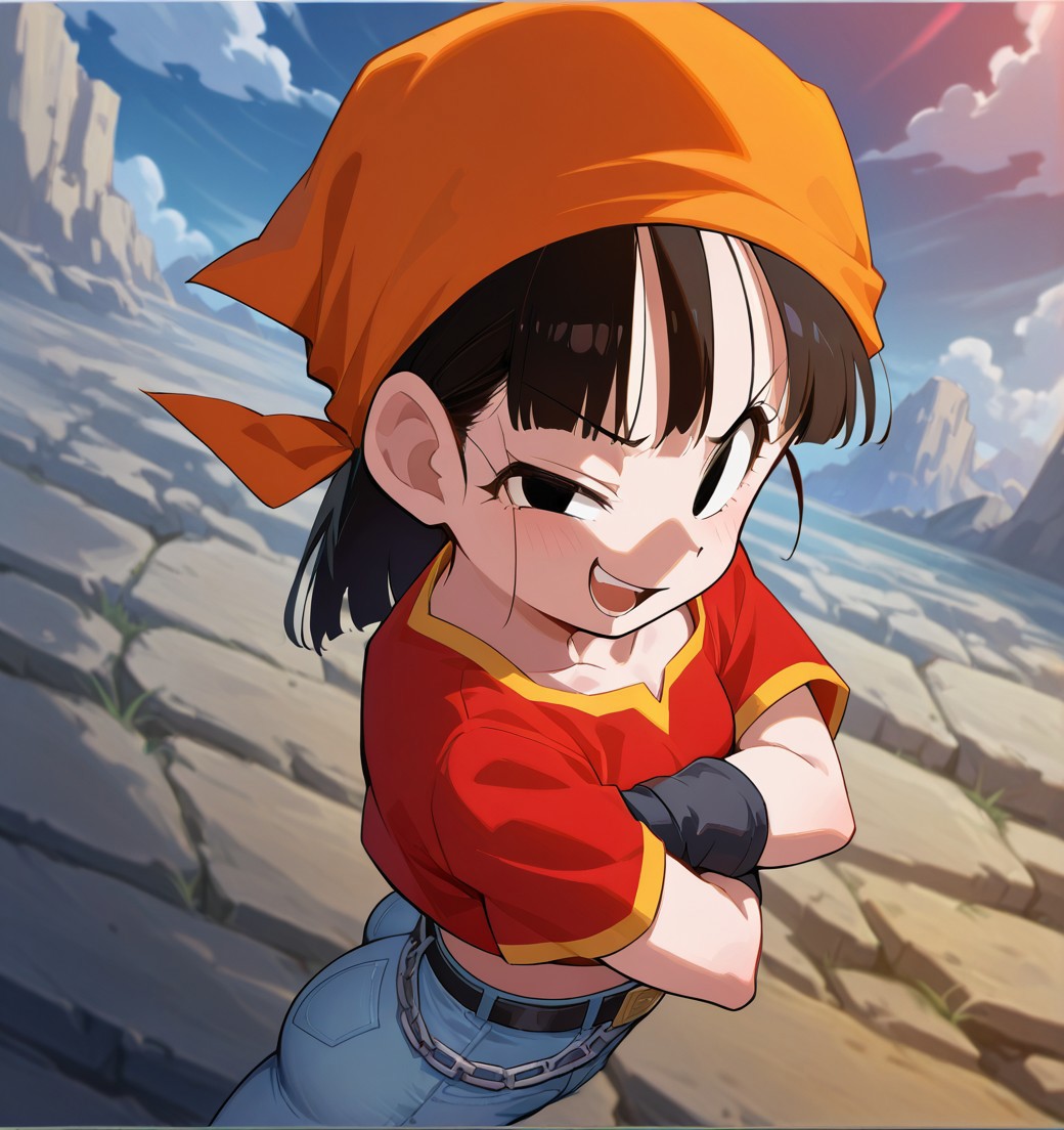 (<The-killer-wc_artist>) short black hair, black eyes, smug smile, open mouth, orange bandana, teeth, red shirt, gloves,tight jean pants, belt, chain, hands on hips, small_breasts, smal ass, side view, arms crossed,