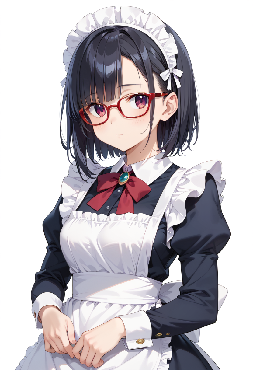 score_9, score_8_up, score_7_up, rating_safe, masterpiece, best quality, absurdres, unity 8k wallpaper, official art, official style, source_anime, uncensored, game cg, megami magazine,
1girl, solo, black hair, medium hair, upper body, covered eyes,maid, maid headdress, black dress, maid apron, face focus,
Wellington22A, glasses, white background, simple background, red-framed eyewear
 <lora:glasses_Wellington22A1_PONY_V1:1>