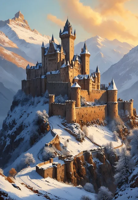 The image is a digital painting depicting a grand, snow-covered castle perched on a rugged, mountainous landscape. The castle, built in a medieval Gothic style, features numerous towers, spires, and battlements, all covered in a thick layer of snow that glistens under the soft, diffused light of a setting sun. The castle's walls are a warm, earthy brown, with stone textures that appear rough and weathered, suggesting age and resilience.
 (8k uhd:1,4),
<lora:add-detail-xl:1>
<lora:Dynamic Poses:1>